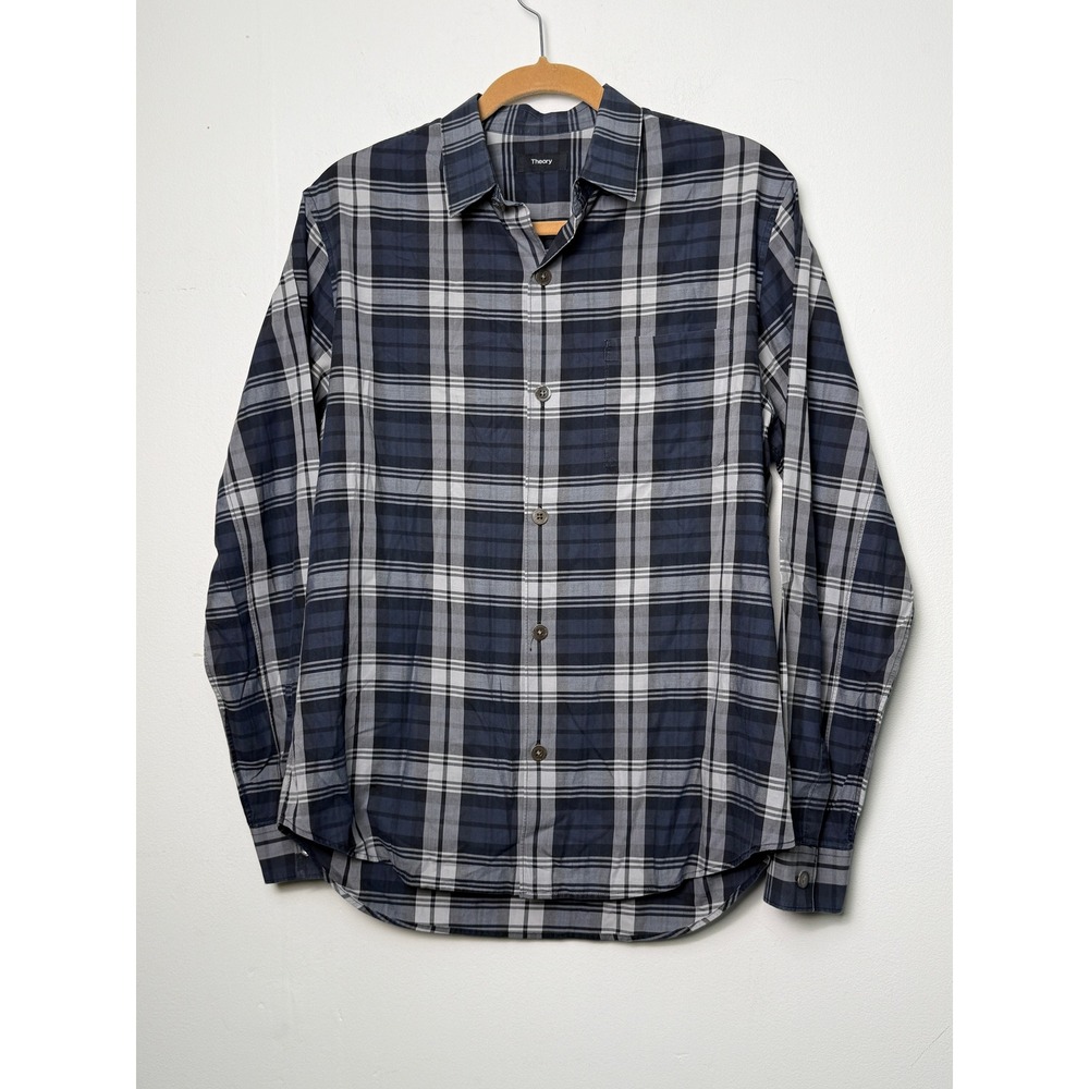 Theory Mens Large Blue Grey Plaid Long Sleeve Button Down Shirt Cotton Regular